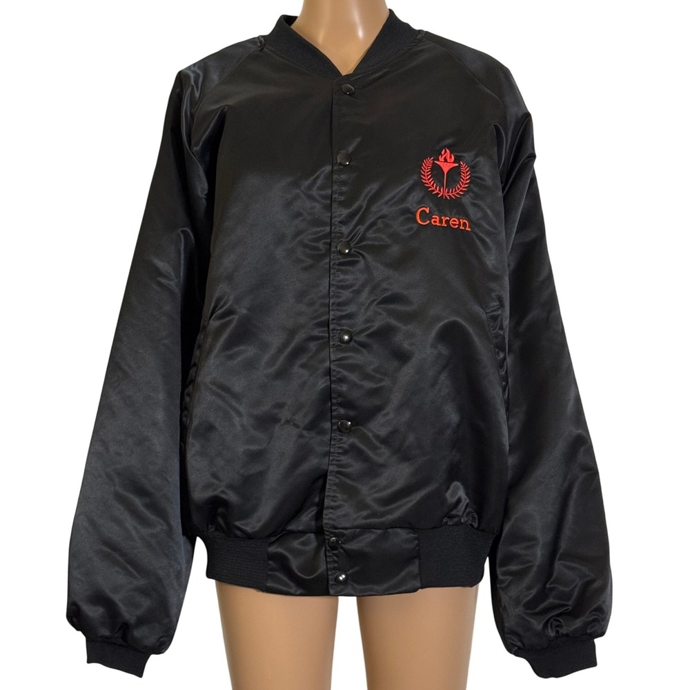 Vintage Hartwell Lady Oly Hoopster Black Satin Bomber Jacket XL Made in USA 770 - Picture 3 of 14